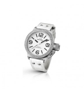 TW Steel - Canteen case with white stones 3 hands date - White dial White leather strap (45mm)